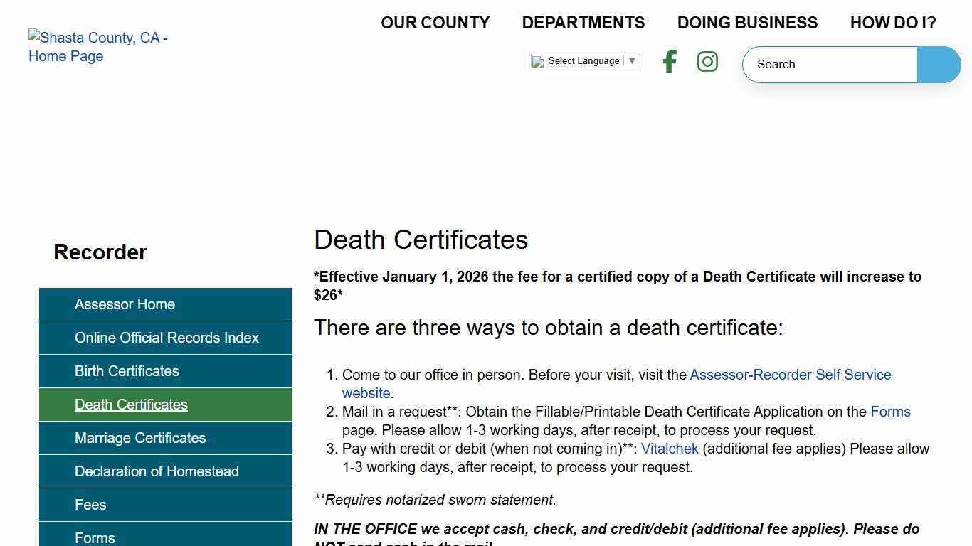 Death Certificates | Shasta County CA